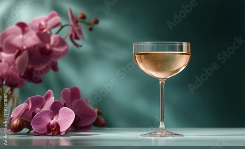 Elegant Glass of Sparkling Wine Alongside Pink Orchids in a Serene Setting