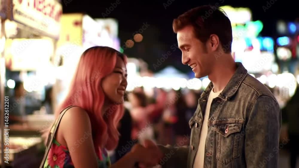 Young woman is waiting for her friend at the night market. He approaches and greets her Young woman is waiting for her friend at the night market. He approaches and greets her