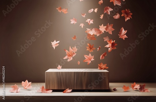 Autumn Leaves Gracefully Floating Above a Wooden Platform in a Cozy Indoor Space