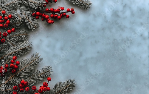 Seasonal Greenery and Red Berries Create a Festive Display on a Textured Back...