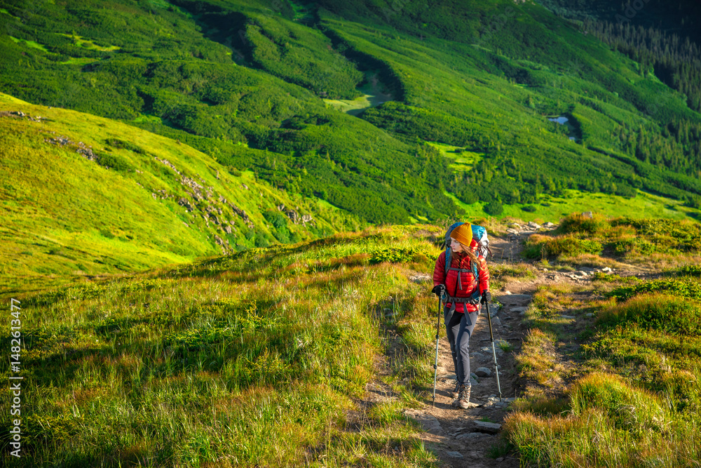 Obraz premium Young woman hiker with trekking poles and with a large backpack climbing stony trail in scenic green mountains