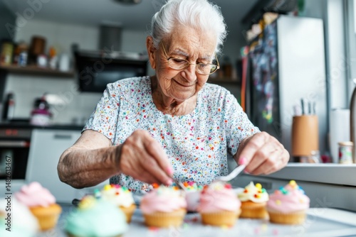Senior woman decorates colorful cupcakes in a bright kitchen on a sunny afternoon