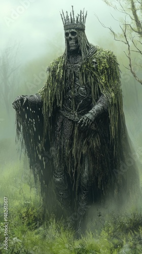 Skeletal king shrouded in greenery stands ominously in misty landscape