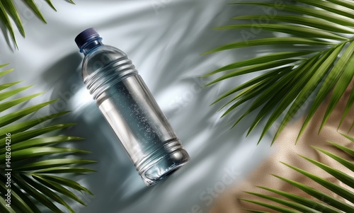 Refreshing Water Bottle Placed on a Surface Surrounded by Green Palm Leaves i...