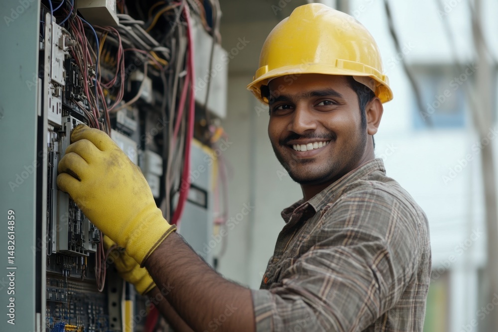 Smiling Electrician Working on Wiring Panel. Smiling Electrician Working on Wiring Panel.