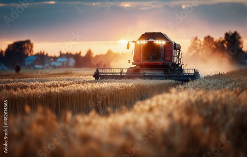 Harvesting Wheat at Sunset in a Rural Farmland Setting