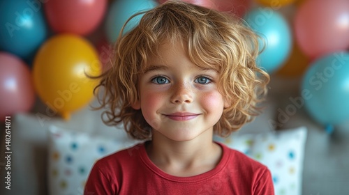 Adorable Curly-Haired Toddler Smiles Amidst Colorful Balloons