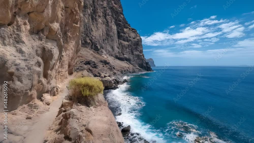 Dramatic coastal scenery with sheer cliffs meeting turquoise water, shot from a rugged hiking trail under a partly cloudy blue sky, outdoor adventure Dramatic coastal scenery with sheer cliffs meeting turquoise water, shot from a rugged hiking trail under a partly cloudy blue sky, outdoor adventure