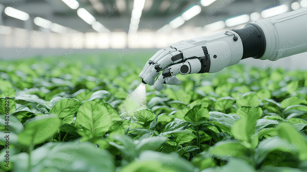 A robotic hand tending to green plants in a high-tech indoor farm, symbolizing the fusion of technology and agriculture. A robotic hand tending to green plants in a high-tech indoor farm, symbolizing the fusion of technology and agriculture.