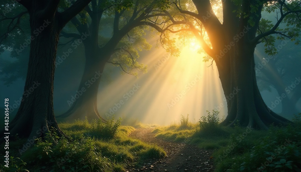 Fototapeta premium Enchanted forest at dawn, sunbeams filtering through ancient trees, mystical fog , landscape, fairytale, calm