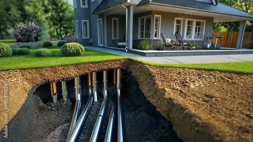 Cutaway view of a suburban house showing underground utility pipes beneath a landscaped yard, illustrating infrastructure, plumbing, and modern living.