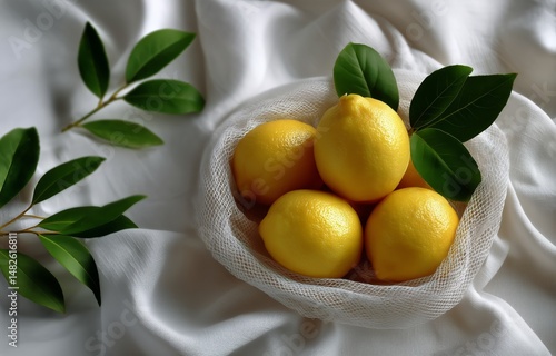 Fresh Lemons and Green Leaves Arranged in a Decorative Basket on a Light Surface