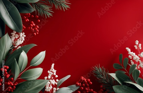 Festive Arrangement of Greenery and Red Background Showcasing Seasonal Decor ...