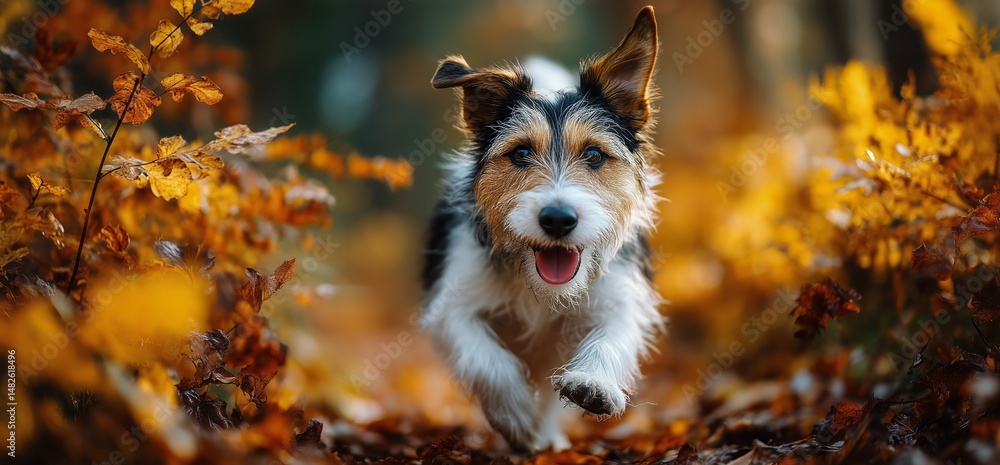 Fototapeta premium Dog Playing in Autumn Leaves With Vibrant Colors in a Forest Setting During Midday Sunlight