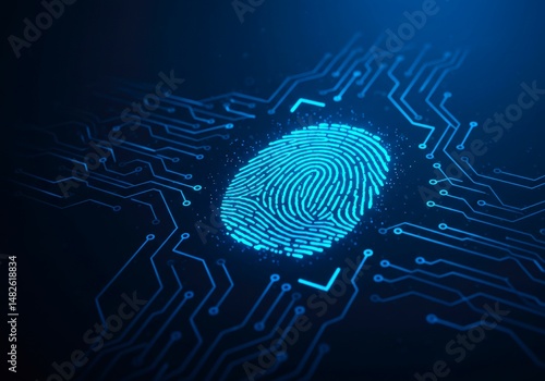 Blue color finger print scanning with glow digital network connections on dark background with copy space. Biometric identity authentication and secure access using fingerprint technology poster