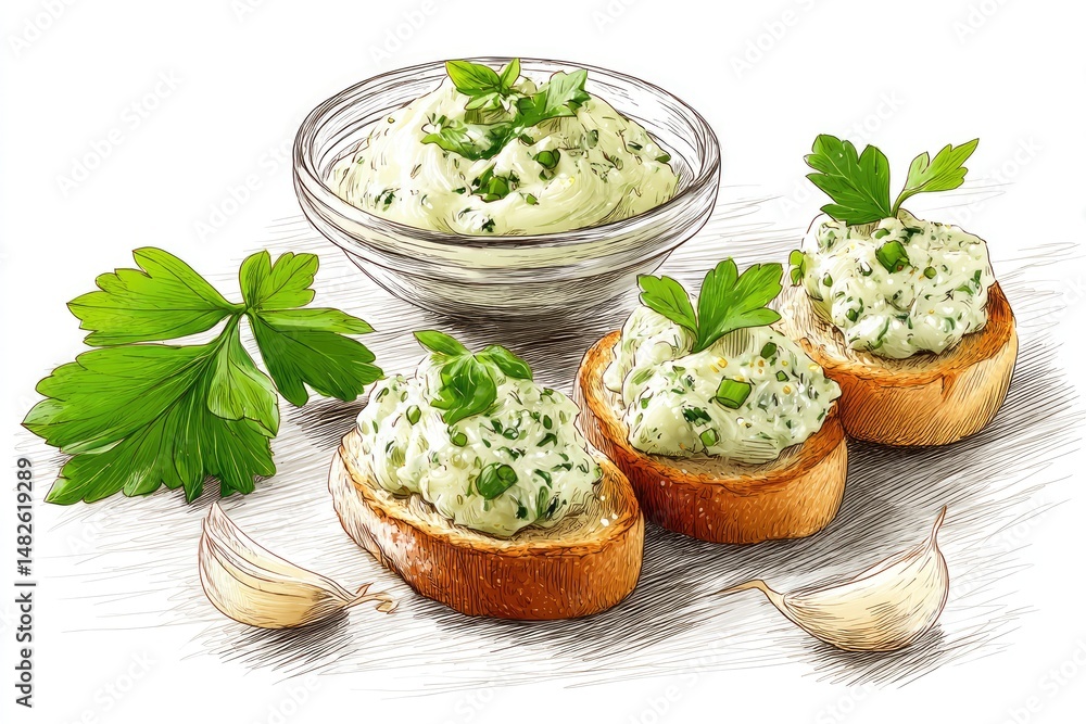 Appetizing Garlic and Herb Crostini: A Culinary Delight, Fresh Parsley and Creamy Spread on Toasted Bread Appetizing Garlic and Herb Crostini: A Culinary Delight, Fresh Parsley and Creamy Spread on Toasted Bread