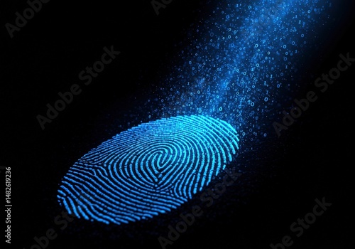 Wallpaper Mural Blue color fingerprint with streams of binary code and digital data on black background. Biometric identity authentication and secure access using fingerprint technology concept. Banner, copy space. Torontodigital.ca