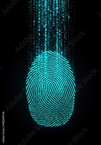 Teal color fingerprint with streams of binary code and digital data on black background. Biometric identity authentication and secure access using fingerprint technology concept. Glow card, flyer.