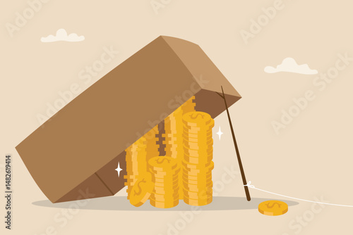 Fraud money, scam investment or ponzi scheme, financial crime, cheating or bait for illegal investing concept, Gold coin bait under box trapped.