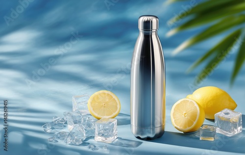 Refreshing Lemon Water With Ice Cubes on a Blue Background for Hydration and ...