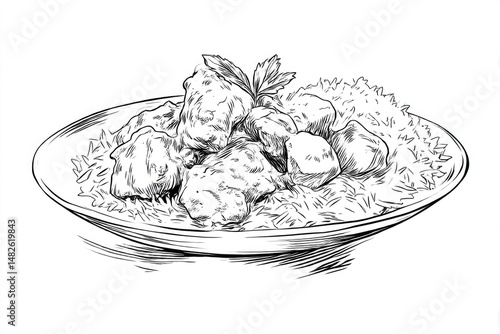 Artistic Plate Chicken Curry over Rice  Black and White Sketch.