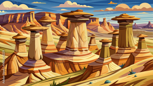 The Hoodoos of Drumheller rise like ancient sentinels from the rugged Badlands, their weathered stone caps delicately balanced atop slender columns shaped by centuries of wind and water.