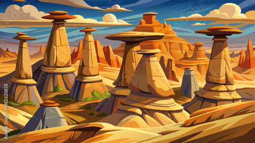 The Hoodoos of Drumheller rise like ancient sentinels from the rugged Badlands, their weathered stone caps delicately balanced atop slender columns shaped by centuries of wind and water.