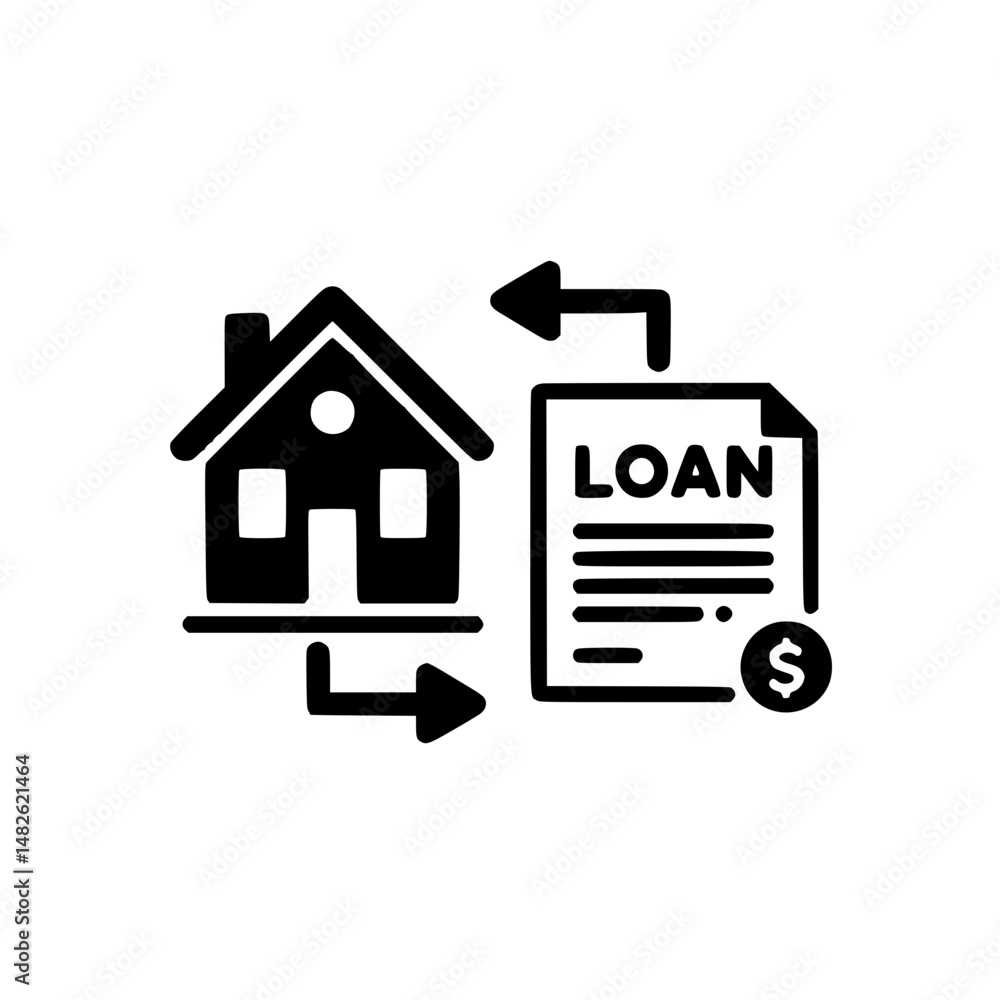 House and document with arrows, black and white icon for loan collateral House and document with arrows, black and white icon for loan collateral