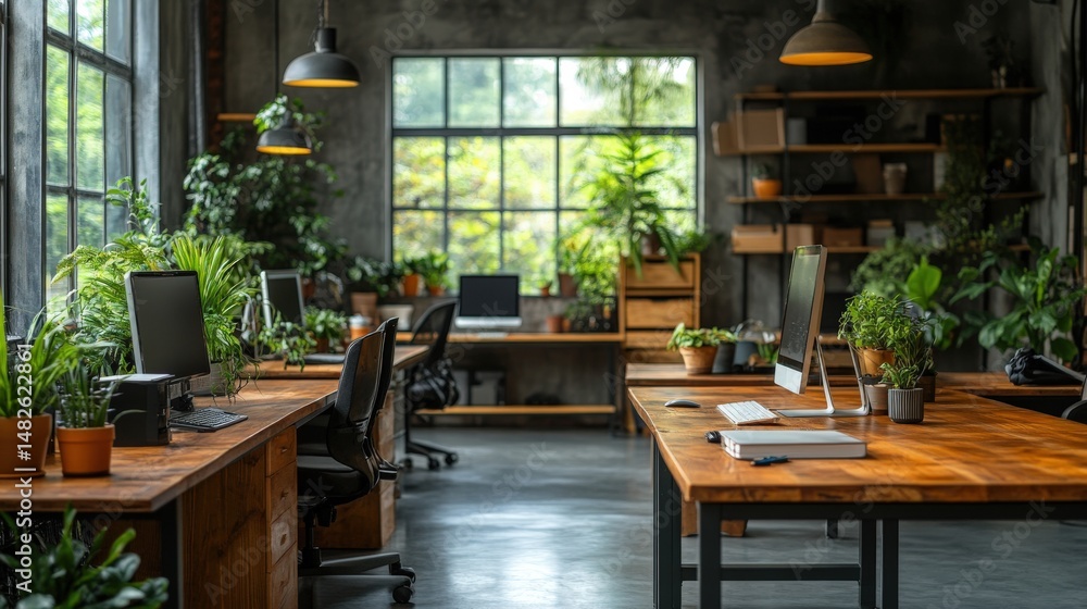 Fototapeta premium Lush Green Office Space with Modern Furniture and Abundant Natural Light