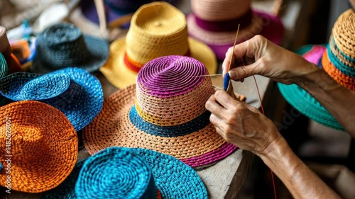 Craftsmanship in motion: weaving colorful straw hats by hand