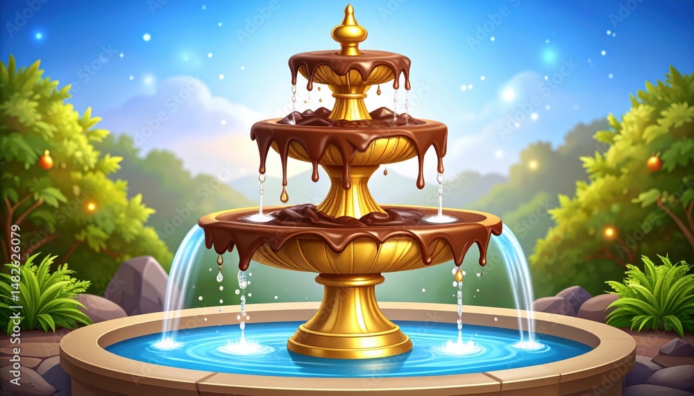 Naklejka premium A chocolate fountain flows in a serene garden, celebrating Chocolate Day.