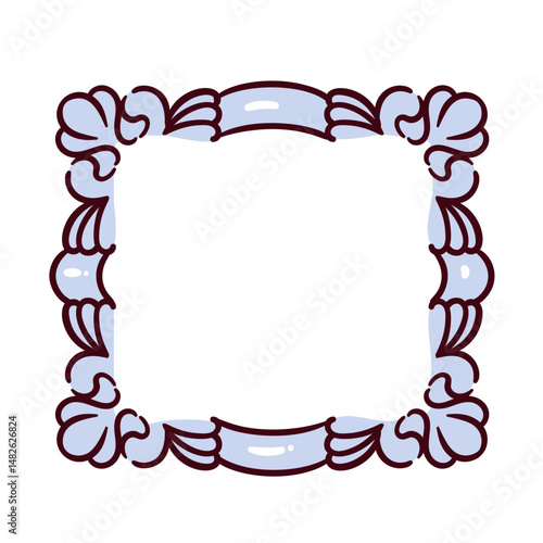 Square blue frame for painting and mirror. Carved ornate frame for museum and art gallery. Antique mascot, framework with blank space in Victorian style, cartoon vector illustration