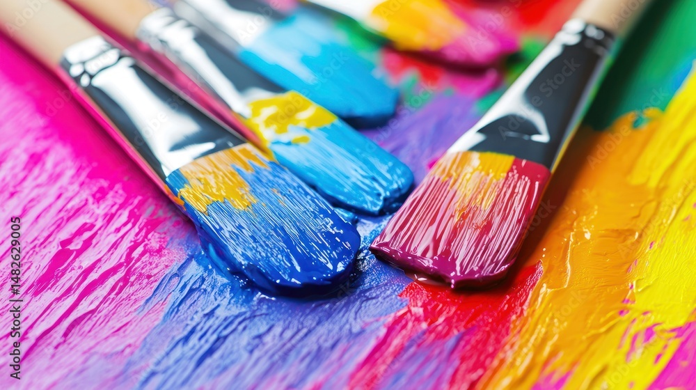 Fototapeta premium Colorful paintbrushes resting on vibrant artwork.