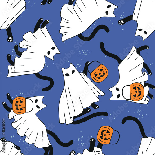 Seamless vector pattern with Halloween black cat ghosts with pumpkin. Hand drawn creepy Halloween cat design. Perfect for wallpaper or fabric print. EPS 10 vector file.