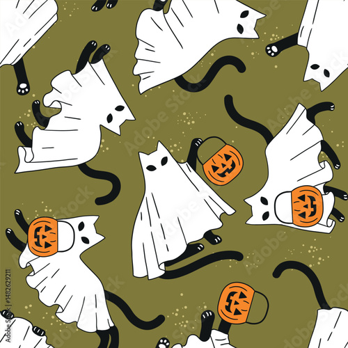 Seamless vector pattern with Halloween black cat ghosts with pumpkin. Hand drawn creepy Halloween cat design. Perfect for wallpaper or fabric print. EPS 10 vector file.