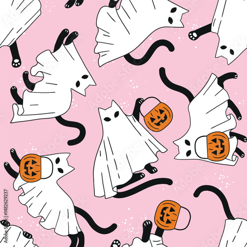 Seamless vector pattern with Halloween black cat ghosts with pumpkin. Hand drawn creepy Halloween cat design. Perfect for wallpaper or fabric print. EPS 10 vector file.