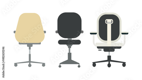 Three different office chairs viewed from behind, each with distinct shapes and colors
