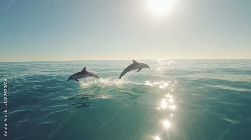 Fototapeta premium Dolphins leaping in clear ocean waters nature photography serenity