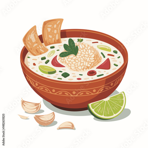 Filipino Arroz Caldo with Garlic, Lime and Rice Garnish