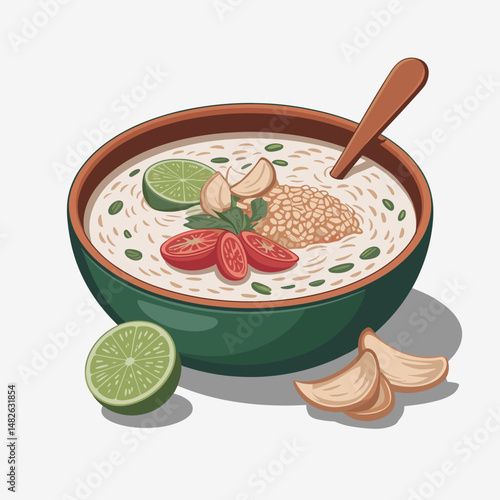 Filipino Arroz Caldo with Garlic, Lime and Rice Garnish