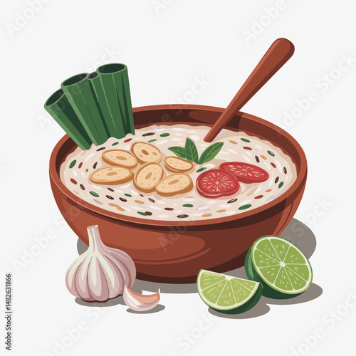 Filipino Arroz Caldo with Garlic, Lime and Rice Garnish
