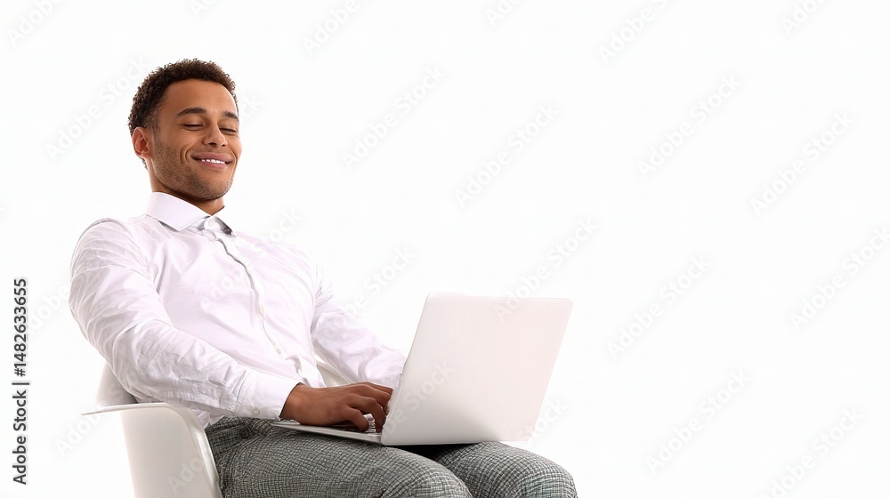 Happy Young Businessman Working on Laptop with Positive Vibes Happy Young Businessman Working on Laptop with Positive Vibes