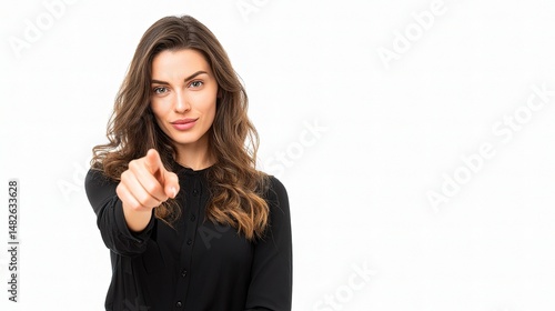 Confident Woman in Black Shirt Pointing Forward with Determination