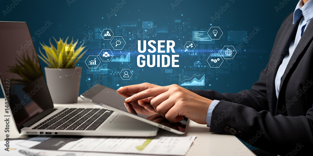 Fototapeta premium Digital User Guide Documentation with Online Knowledge Resources Information Management Technical Support and Interactive Learning Solutions