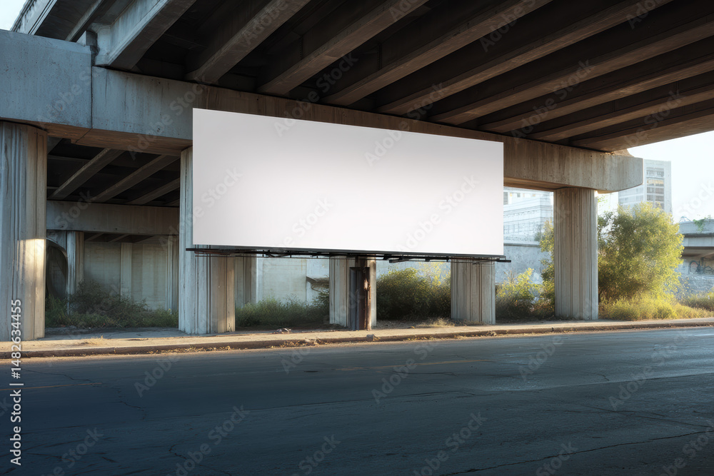 Fototapeta premium Billboard structure stands empty beneath an overpass in an urban setting during daylight