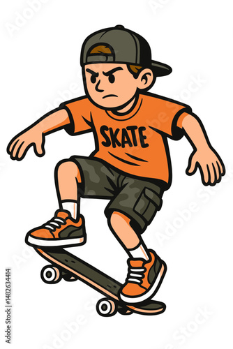 Cartoon Boy Doing Skateboard Trick in Orange “Skate” Shirt