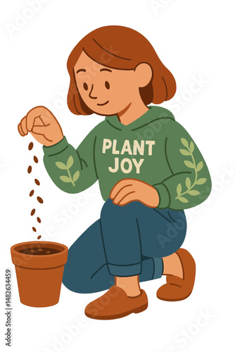Cartoon Girl Planting Seeds in Pot with “Plant Joy” Hoodie