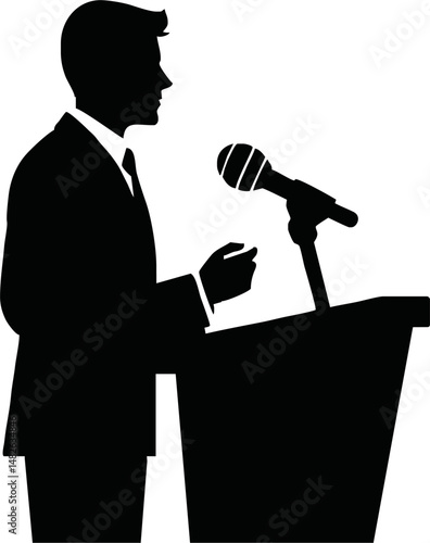 Silhouette of a leader or CEO speaking at a podium, public speaking or leadership concept, flat vector in black and white, minimal and professional style
