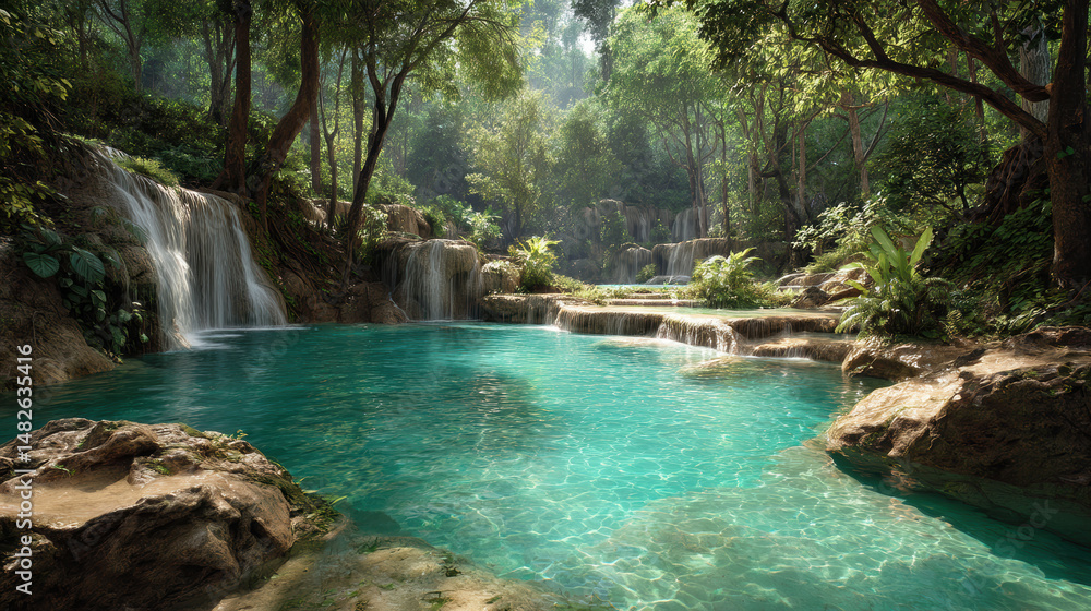 Naklejka premium Crystal clear waters flow through lush greenery in a serene forest landscape during daylight hours