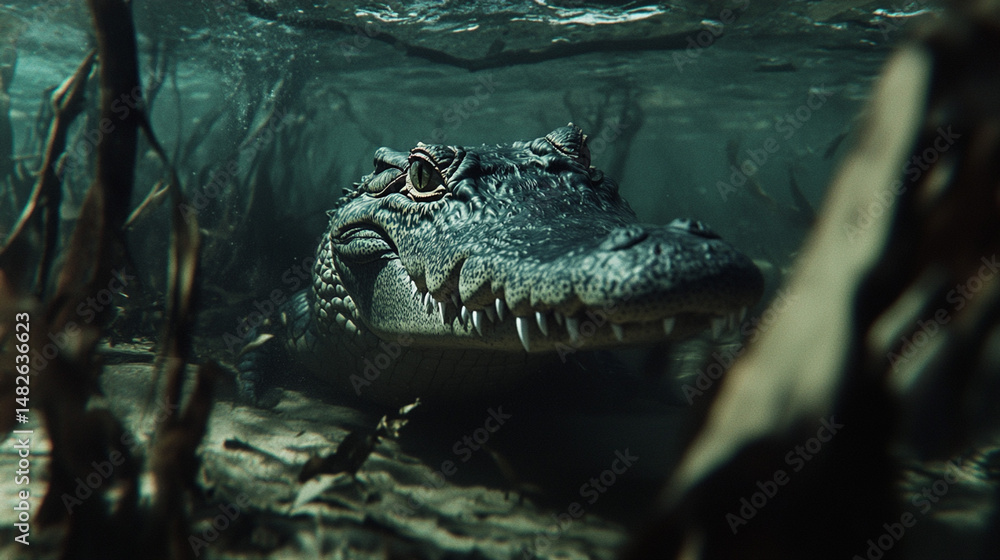 Fototapeta premium Alligator Underwater Close-up in Natural Habitat